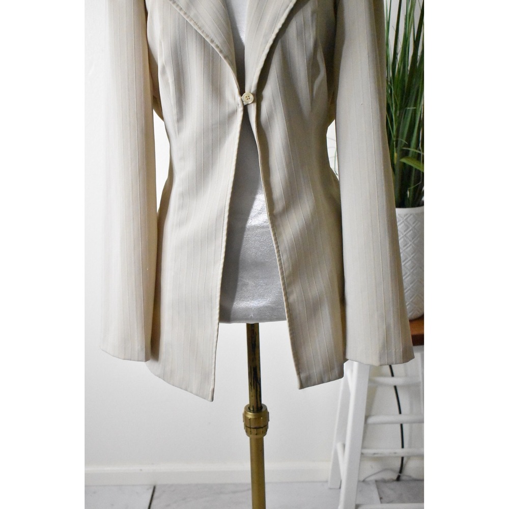 Breakin' Loose Pinstripe Blazer Womens 12 Cream 90s Vintage Tie Back Jacket - Picture 3 of 8